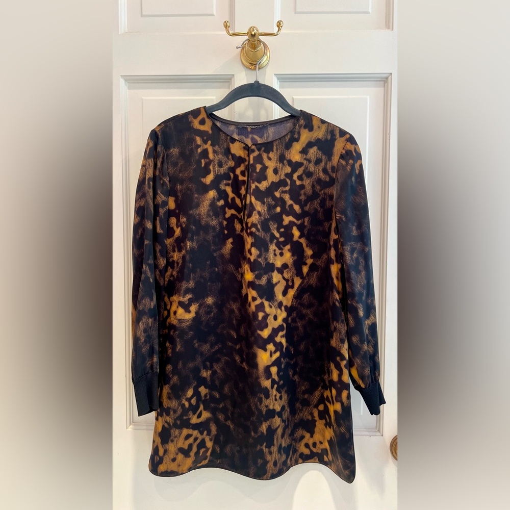 Lafayette 148 New York Black and Brown Animal Print Silk Blouse
